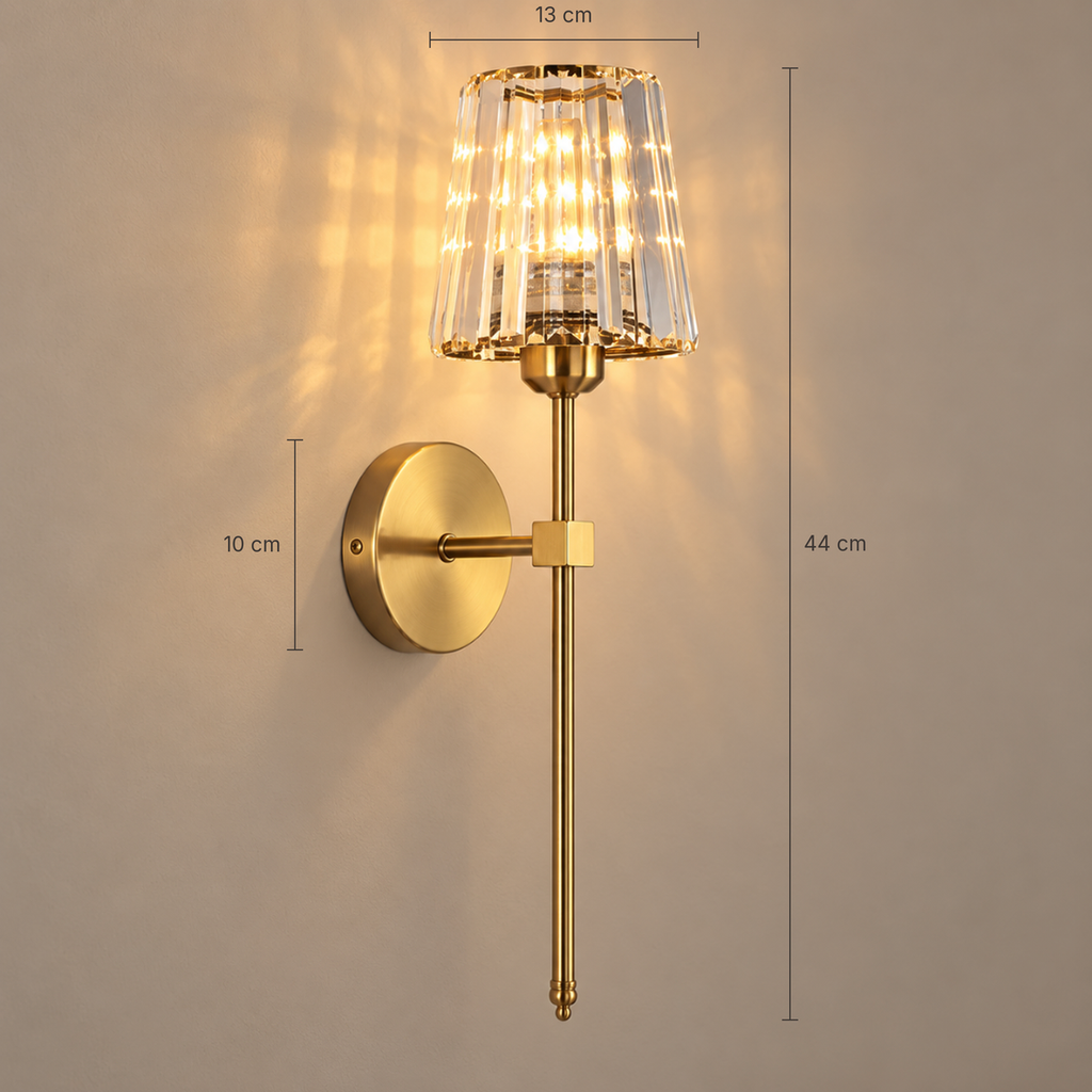 Estelle wall light dimensions: 44 cm tall, 13 cm shade, 10 cm backplate
