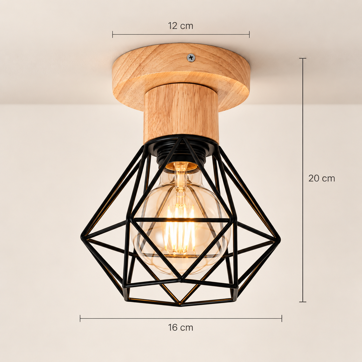 Ferro cage ceiling light dimensions: 16 cm cage, 20 cm high, 12 cm base
