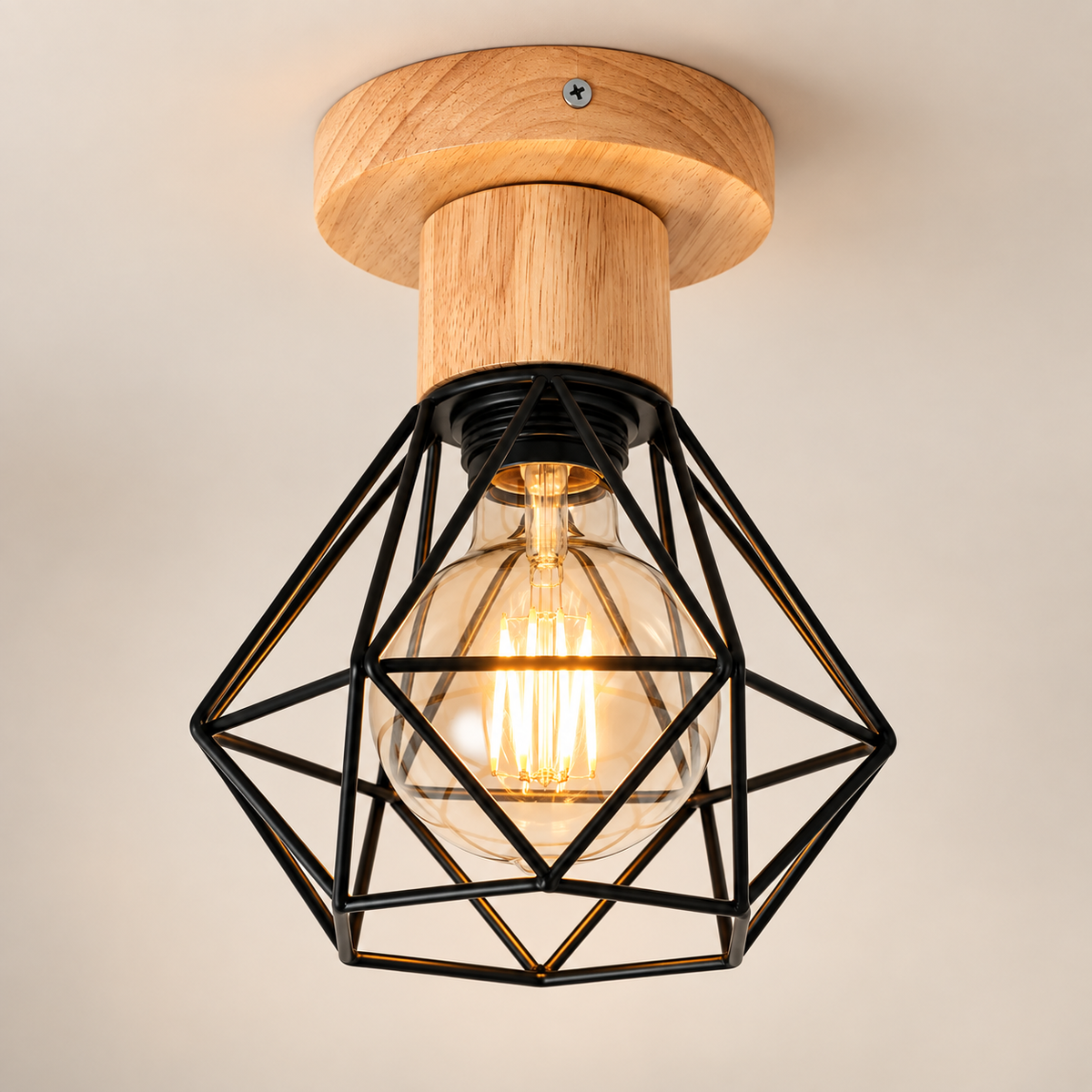 Ferro black cage ceiling light with wooden base and filament bulb, on a greige studio background