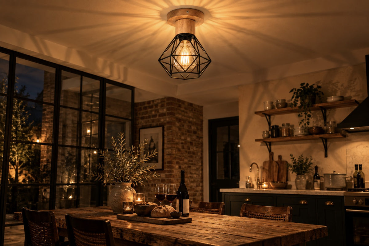 Ferro cage ceiling light casting geometric shadows in a kitchen-diner at night