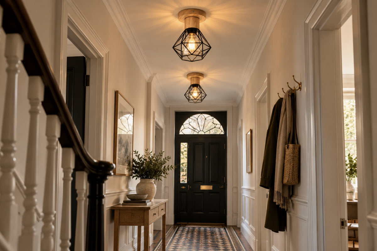 Two Ferro cage ceiling lights in a Victorian hallway with tiled floor