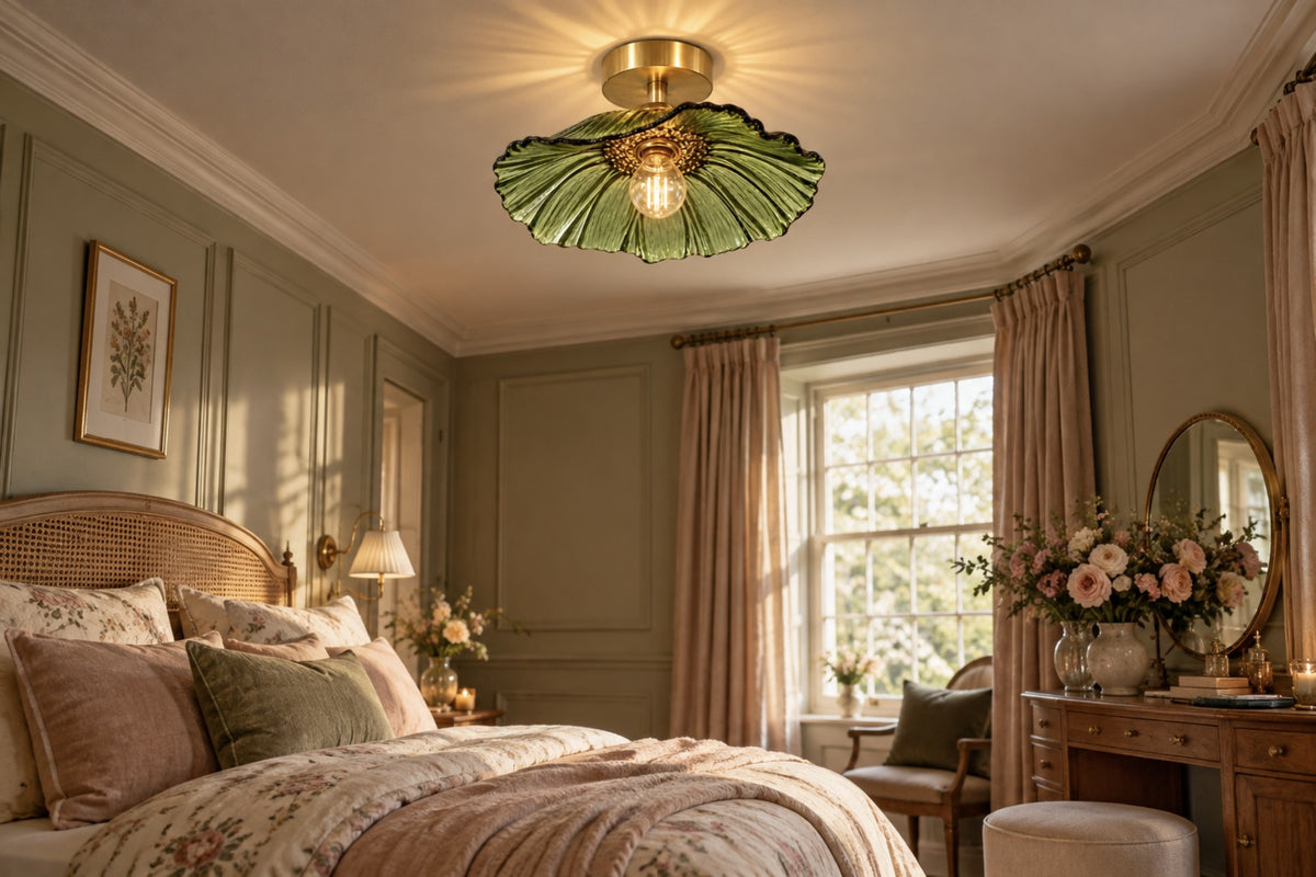 Florea green glass petal ceiling light in an elegant British bedroom