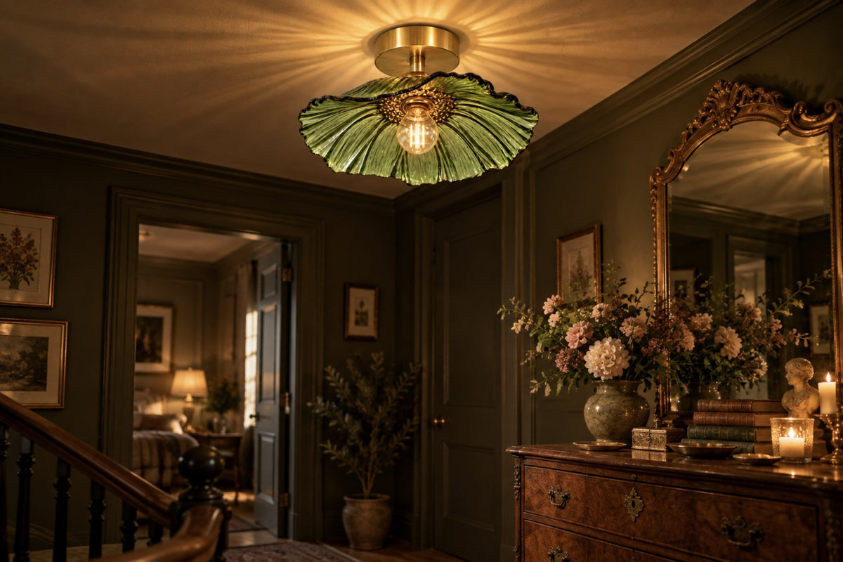 Florea glass petal ceiling light glowing in the evening on a period landing