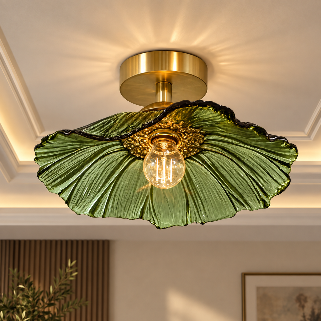 Close-up of the Florea green glass petal shade and brass fitting
