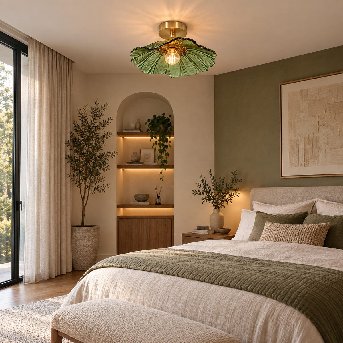 Florea green glass petal ceiling light in a bedroom
