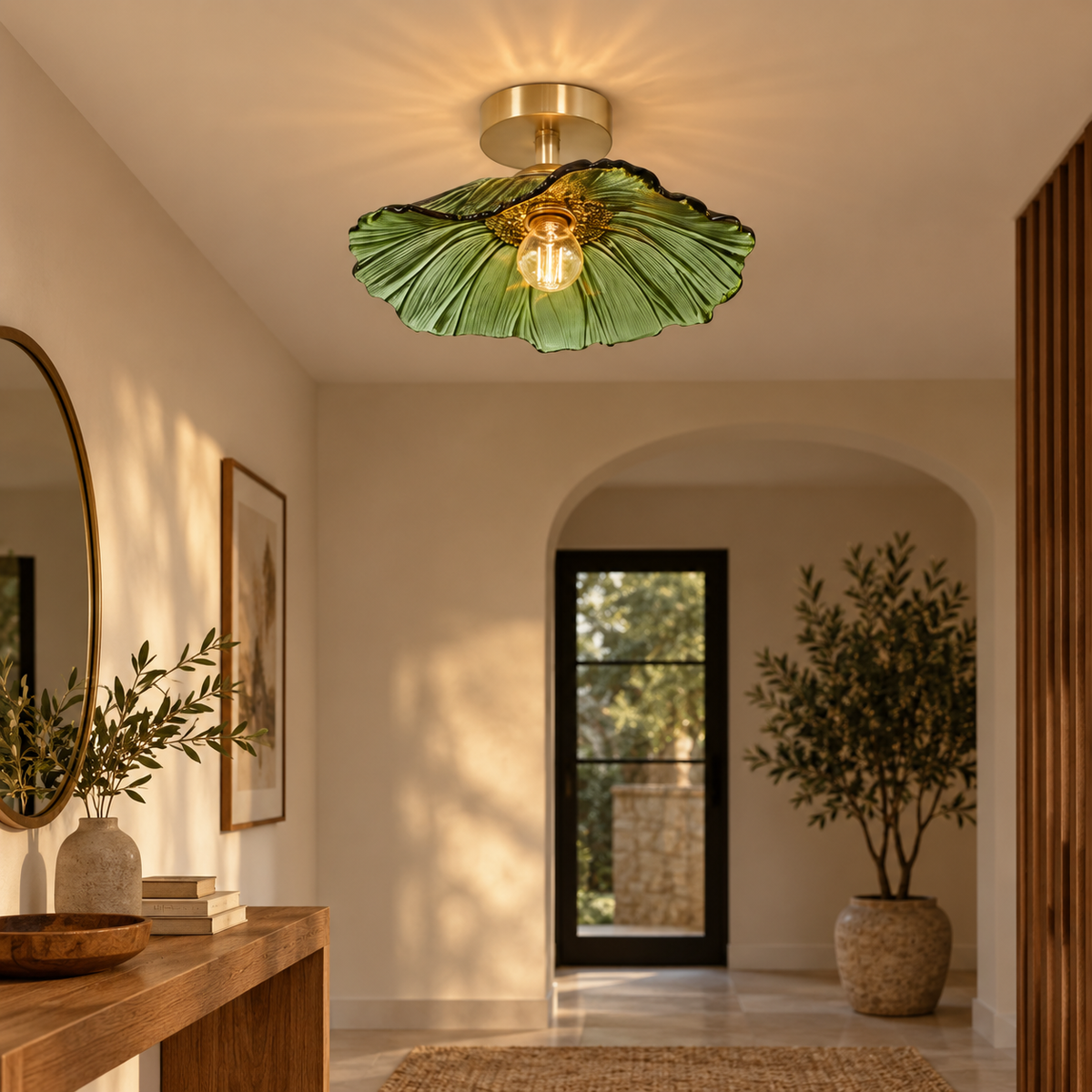 Florea green glass petal ceiling light in a hallway