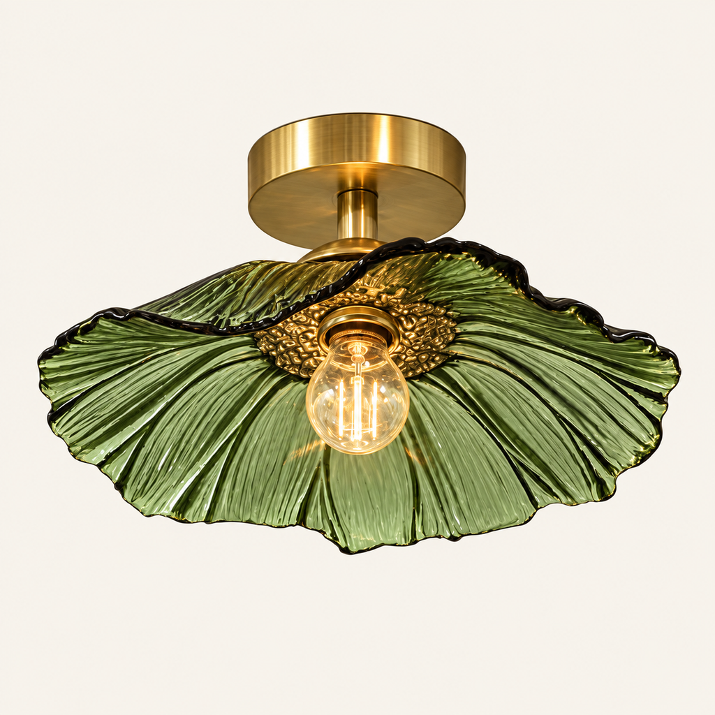 Florea glass petal ceiling light in green glass with a brass canopy