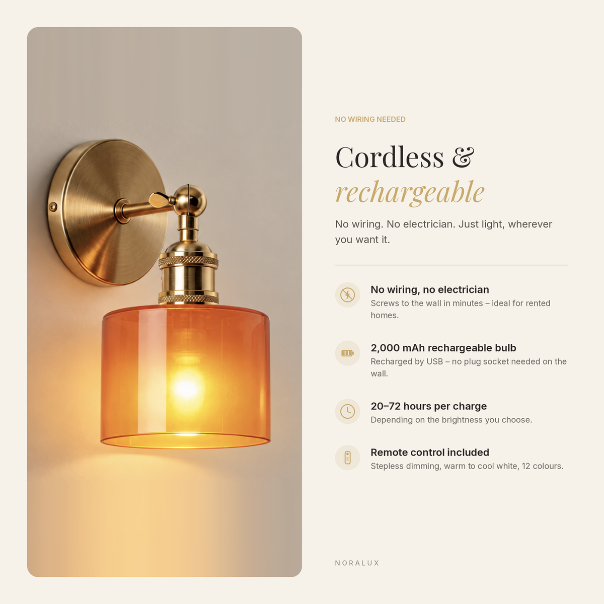 Ines cordless rechargeable wall light features: no wiring, 2,000 mAh bulb, up to 72 hours, remote
