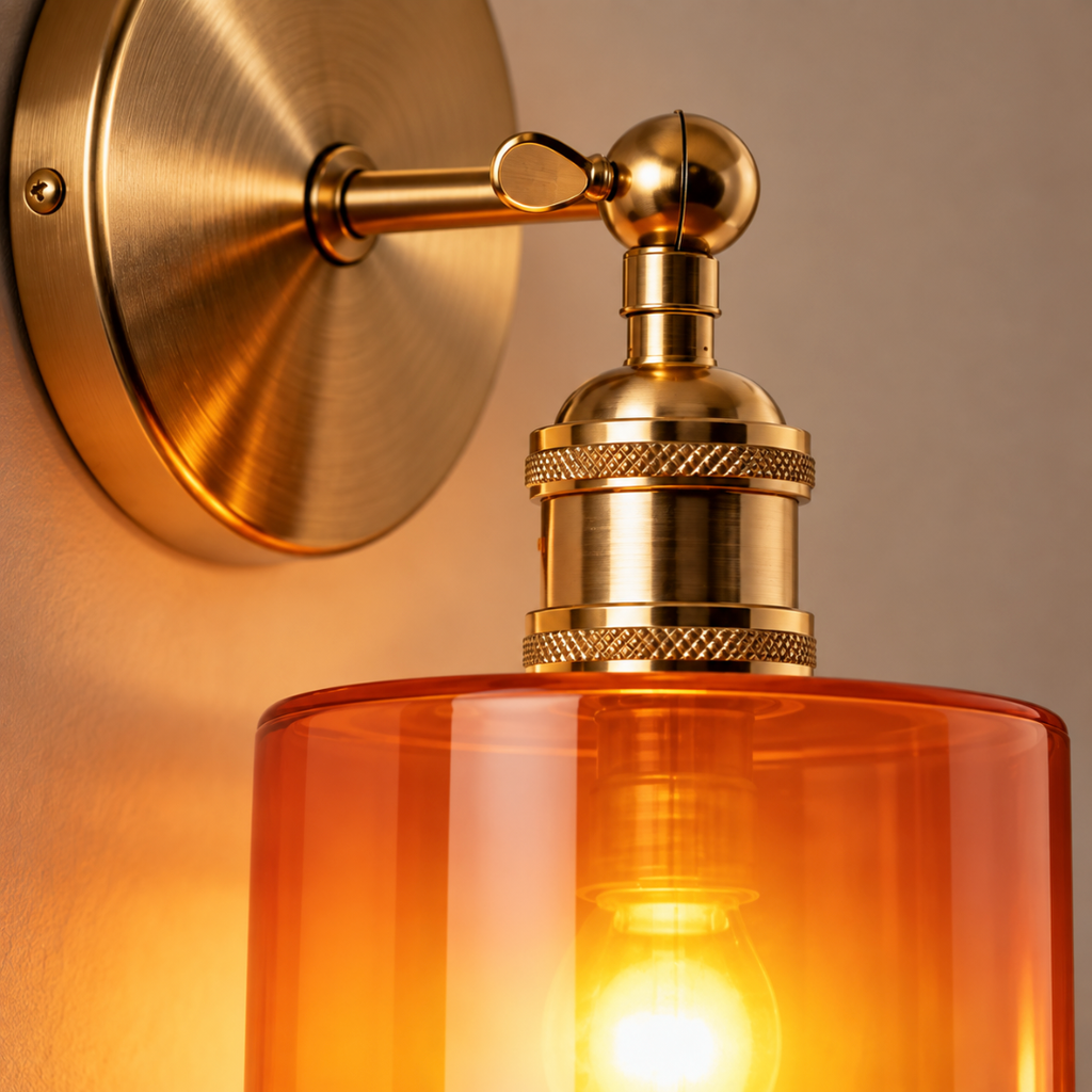 Close-up of the Ines knurled brass socket and amber glass shade