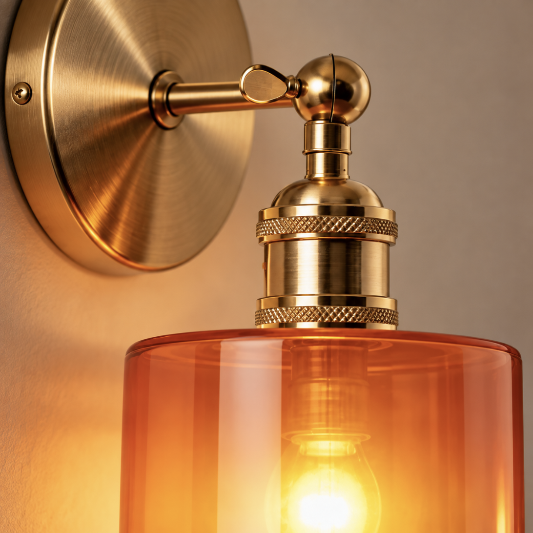 Close-up of the Ines knurled brass socket and amber glass shade