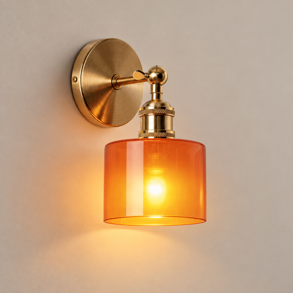 Ines cordless rechargeable amber glass wall light in brass, lit, on a greige wall