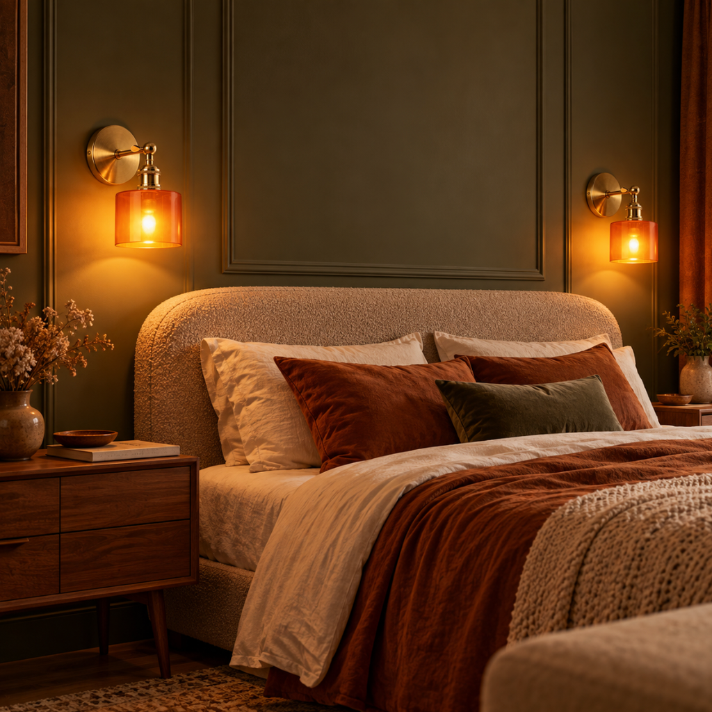 Two Ines amber glass wall lights either side of a bed on a dark green panelled wall