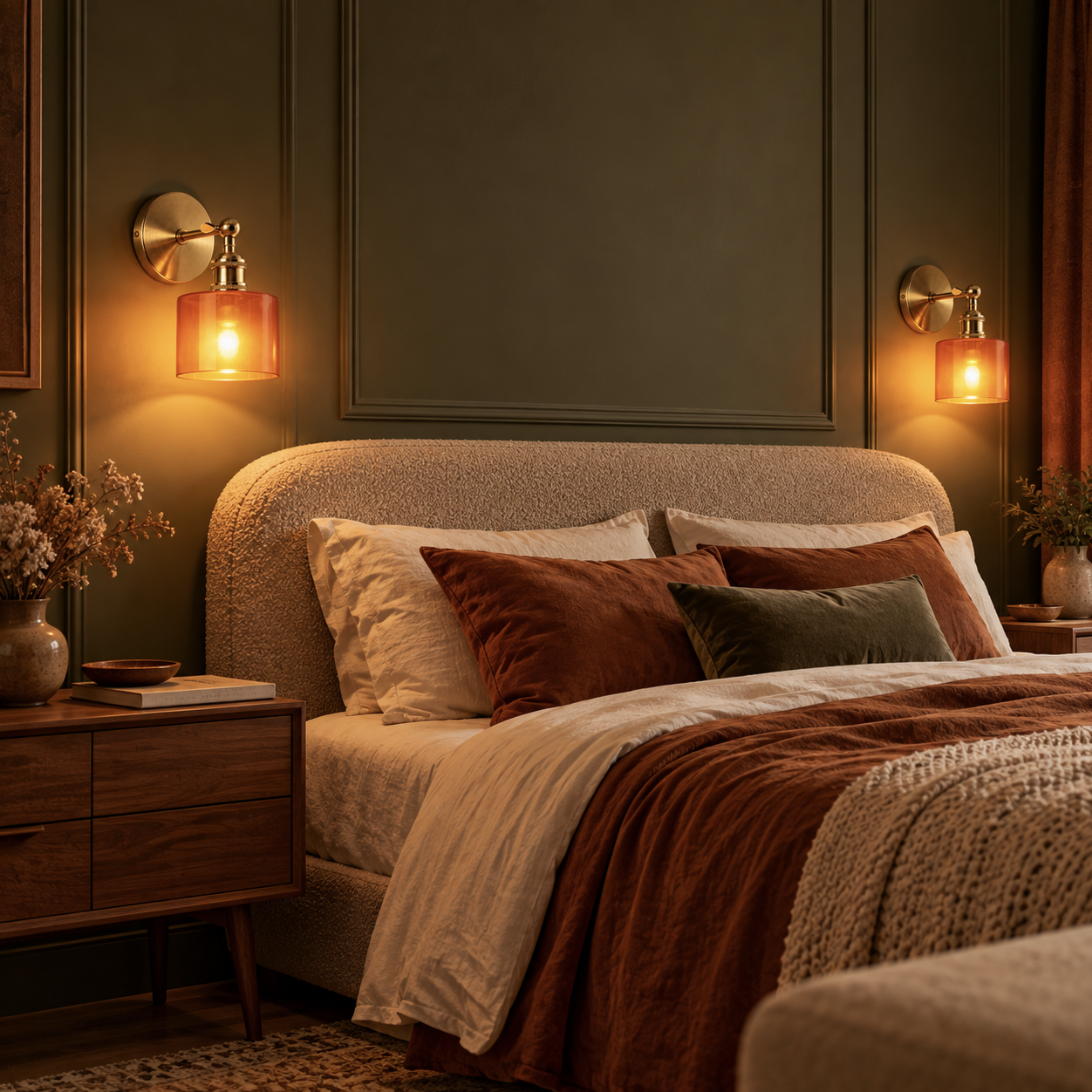 Two Ines amber glass wall lights either side of a bed on a dark green panelled wall