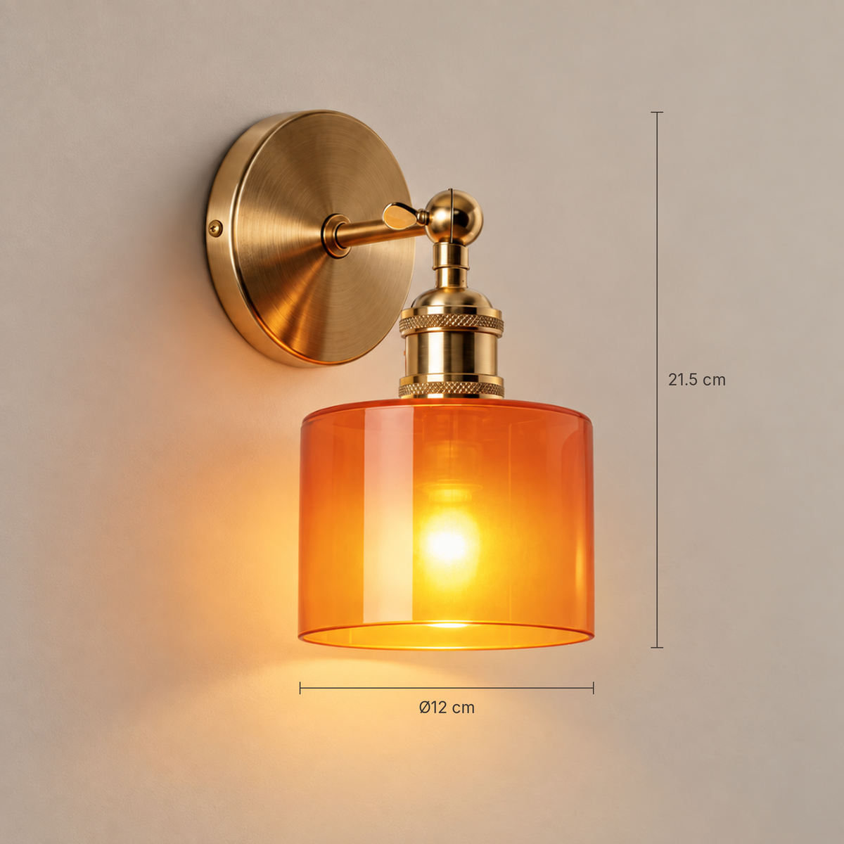 Ines wall light dimensions: 21.5 cm tall, 12 cm amber glass shade