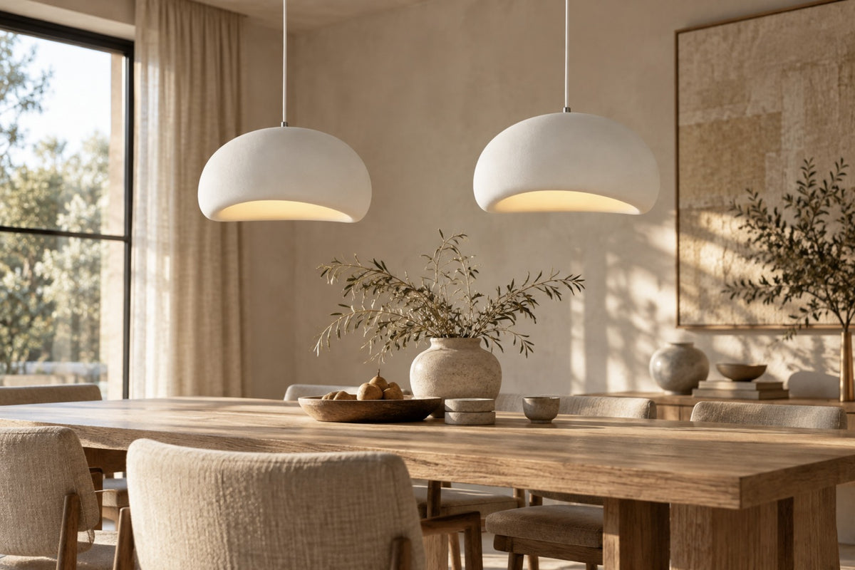 Two Kaela wabi-sabi dome pendants above a light oak dining table