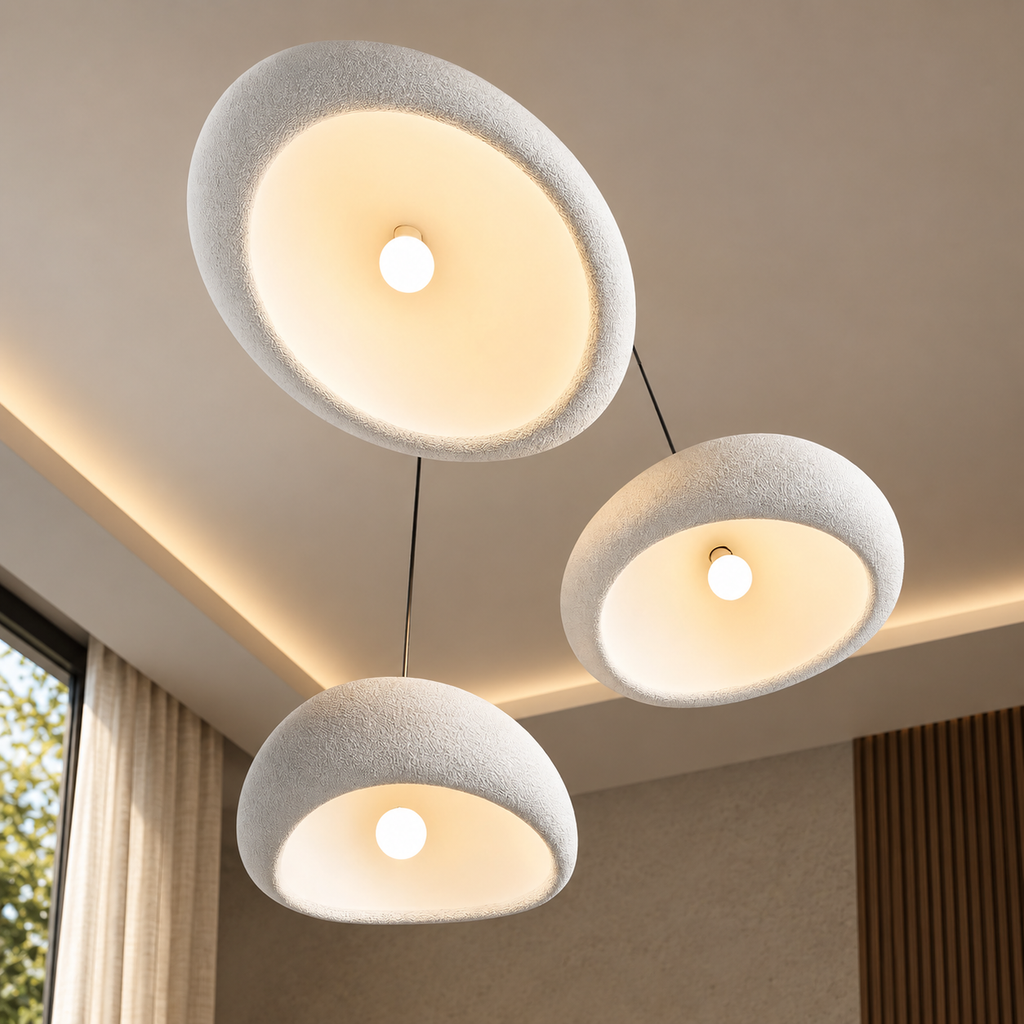 Three Kaela wabi-sabi dome pendant lights seen from below