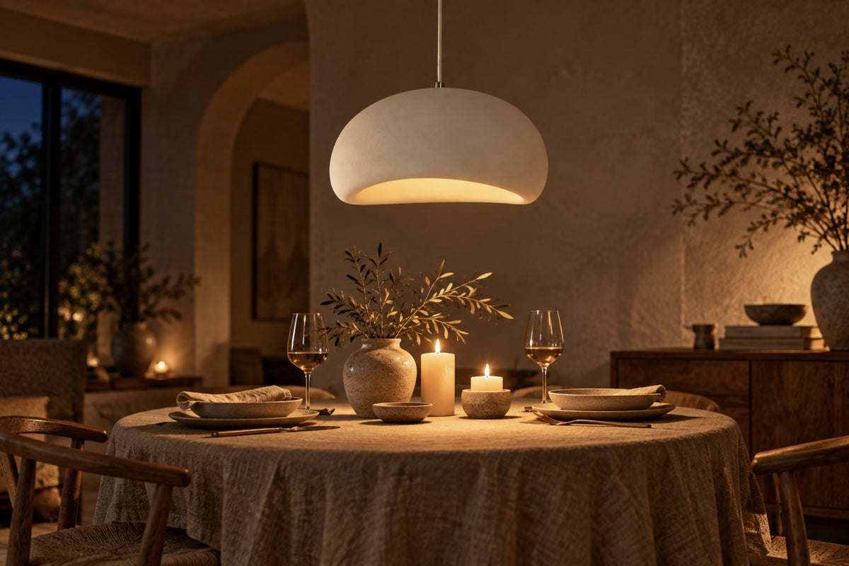 Kaela dome pendant glowing above a candlelit dinner table in the evening