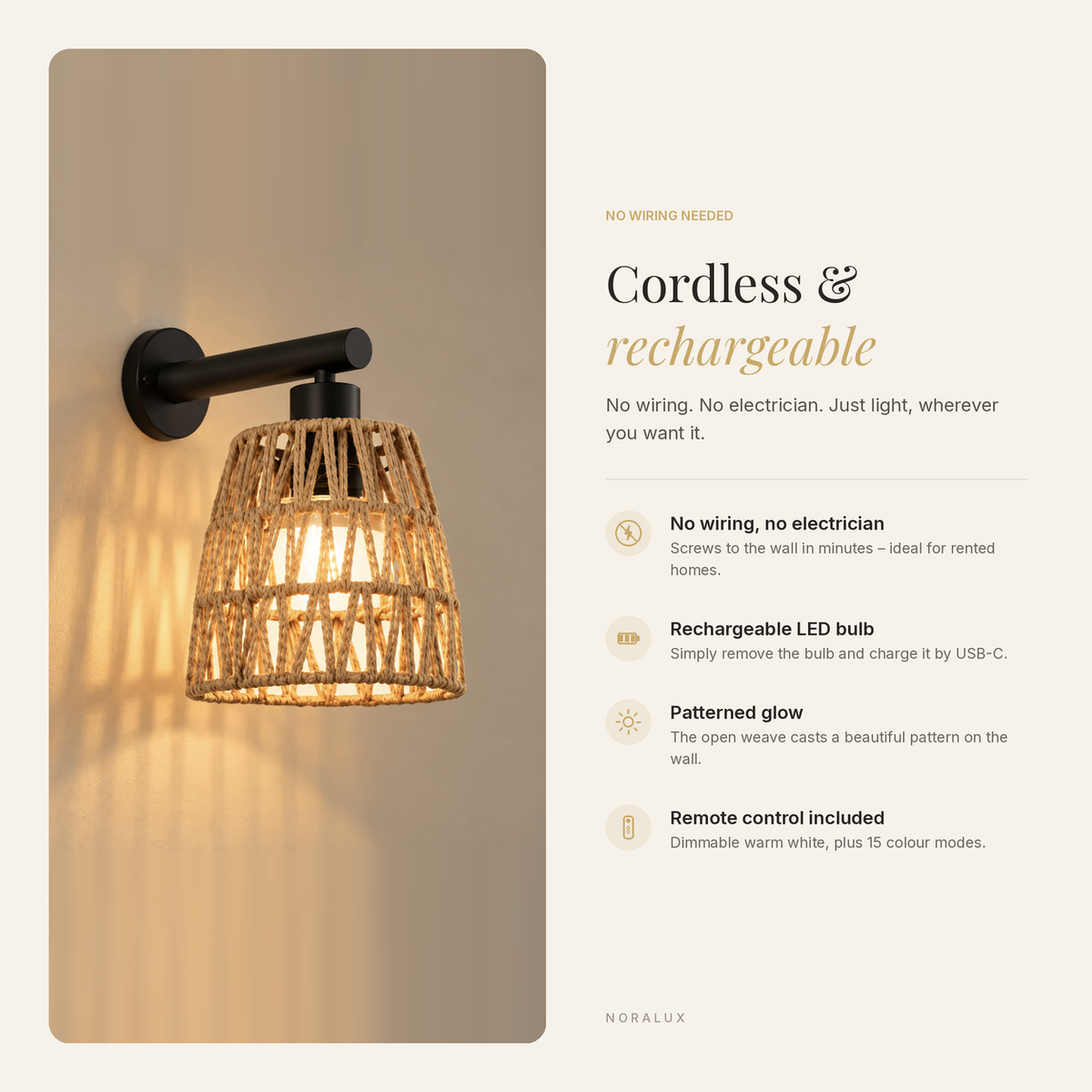 Kasia cordless rechargeable wall light features: no wiring, USB-C bulb, patterned glow, remote