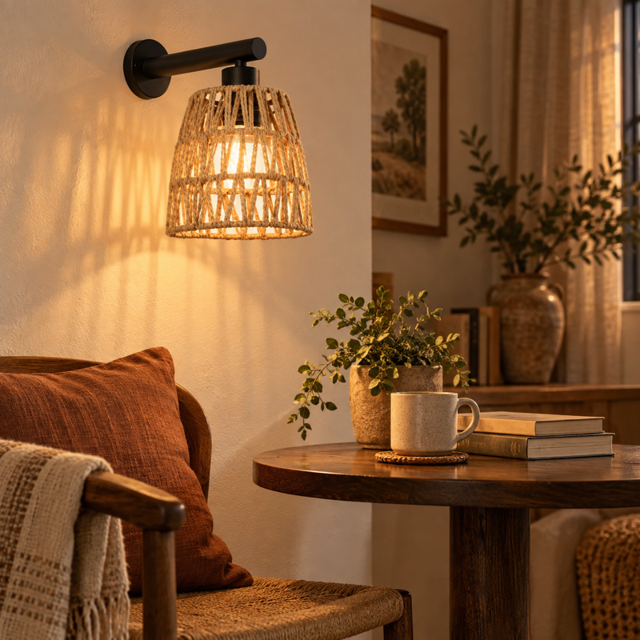 Rechargeable Woven Wall Light, Black Arm & Rope Shade – Kasia