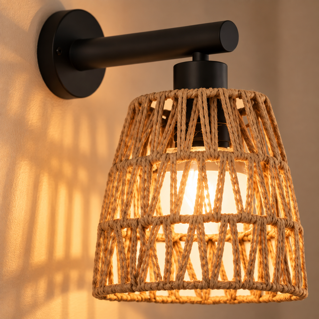 Close-up of the Kasia hand-woven rope shade and matte black arm