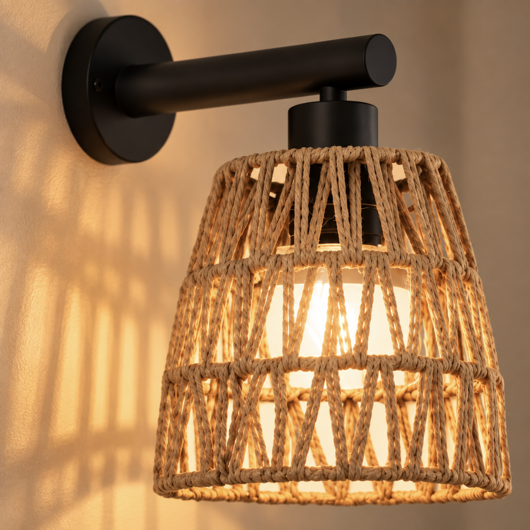 Close-up of the Kasia hand-woven rope shade and matte black arm
