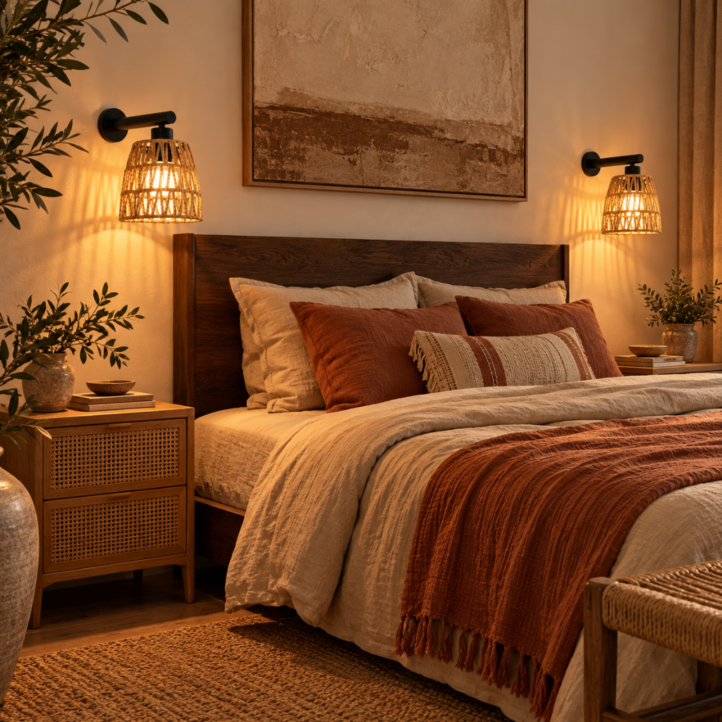 Two Kasia woven wall lights either side of a wooden headboard