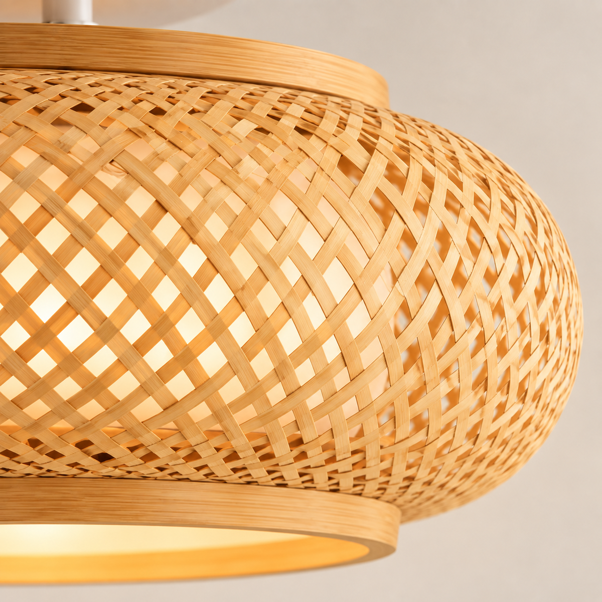 Close-up of the Kora hand-woven bamboo weave with warm light