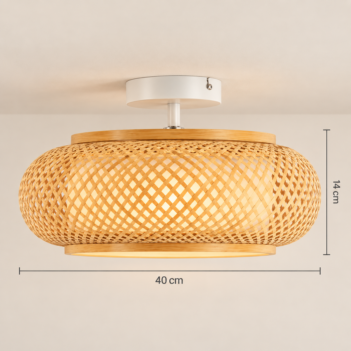 Kora bamboo ceiling light dimensions: 40 cm diameter, 14 cm high