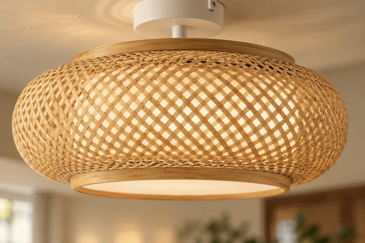 Close-up of the hand-woven bamboo lattice of the Kora ceiling light