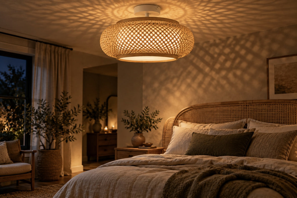 Kora bamboo ceiling light casting dappled light in a bedroom at night
