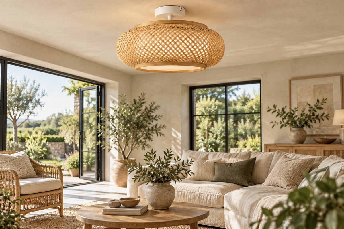 Kora hand-woven bamboo ceiling light in a bright garden room
