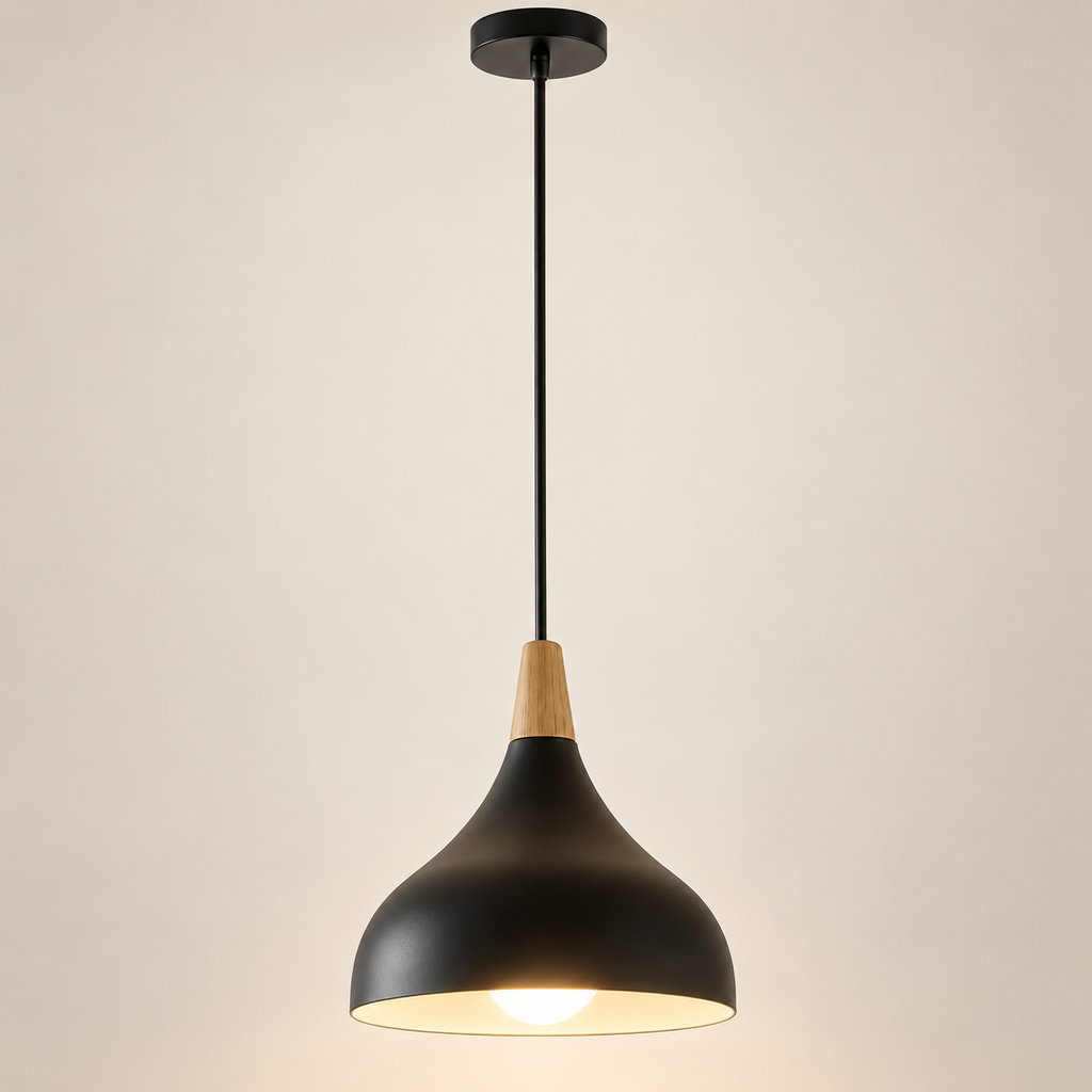Linnea Scandinavian cone pendant light in black with wooden neck, on a greige studio background