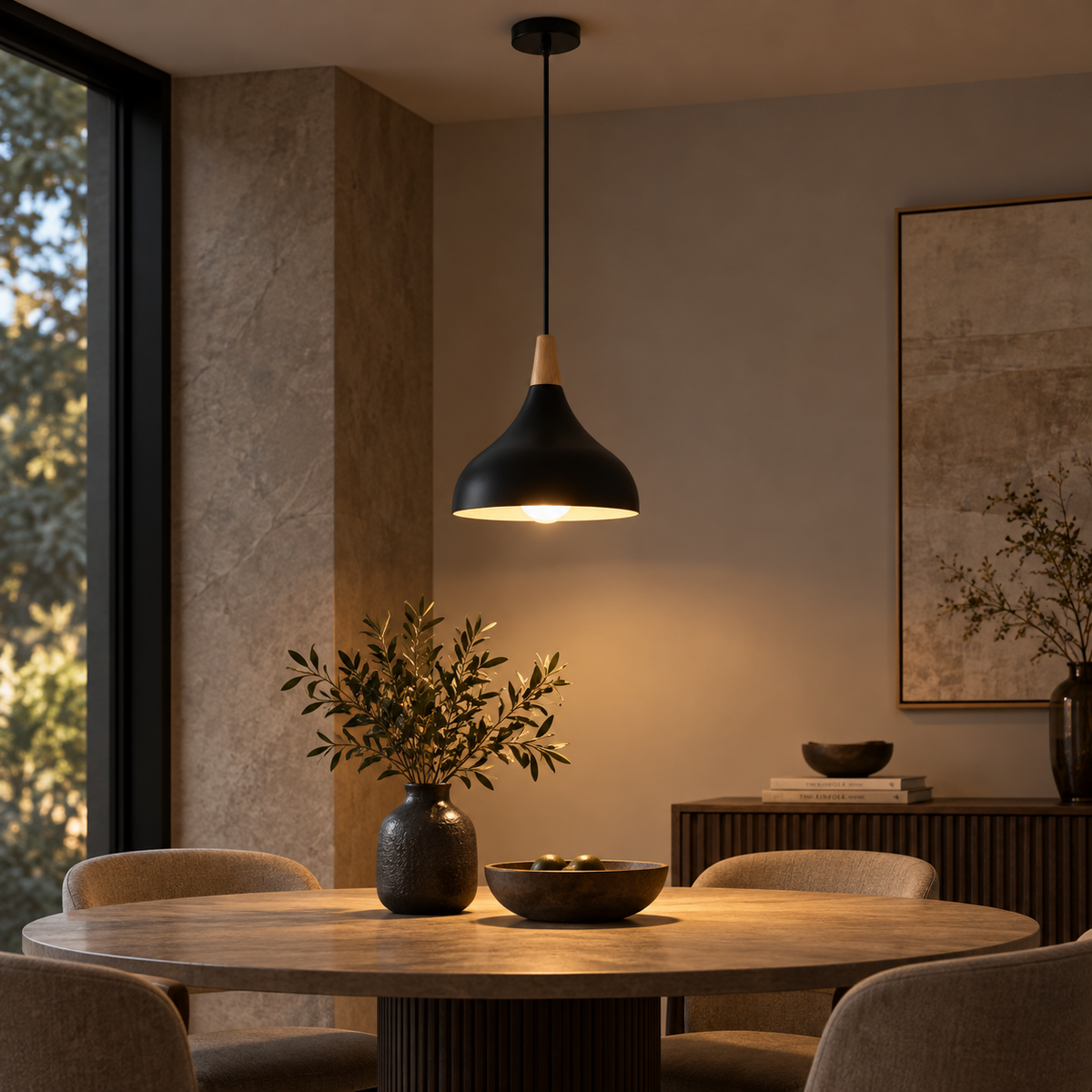 Linnea black cone pendant light with wooden neck over a dining table