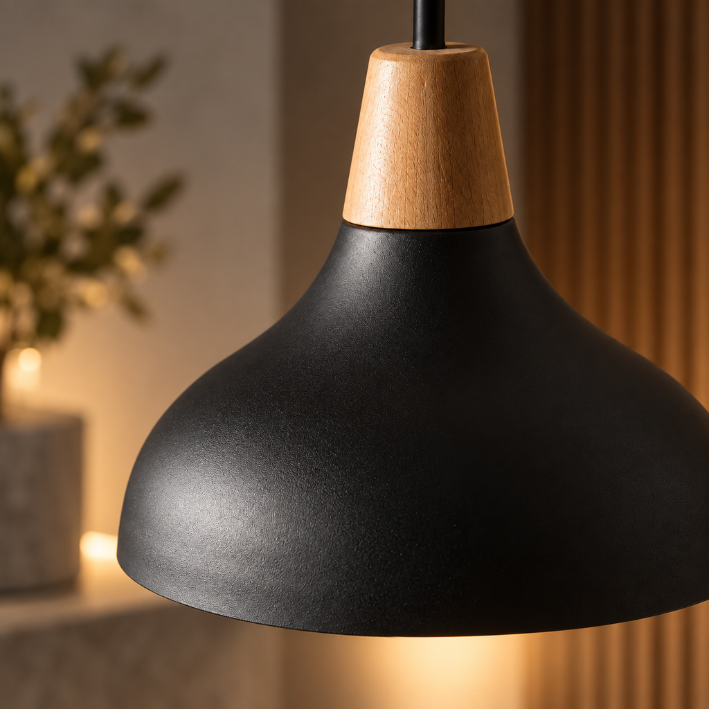 Close-up of the Linnea black cone shade and wooden neck