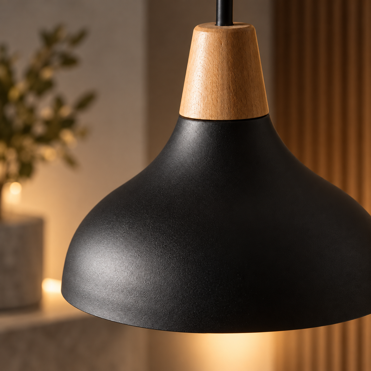 Close-up of the Linnea black cone shade and wooden neck