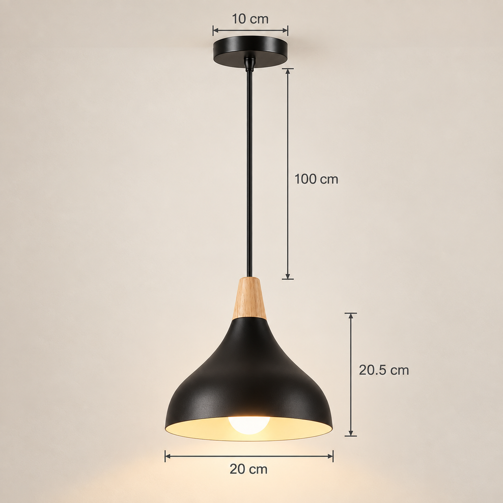 Linnea cone pendant dimensions: 20 cm diameter, 20.5 cm high, cable up to 100 cm, 10 cm canopy