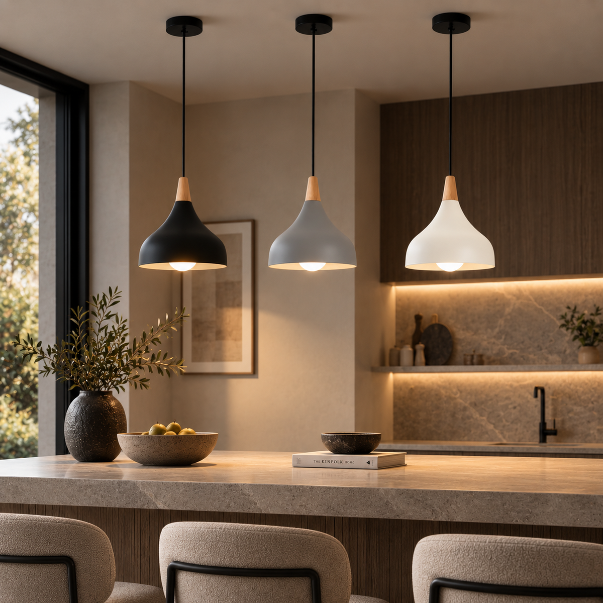 Three Linnea cone pendants in black, grey and white over a kitchen island