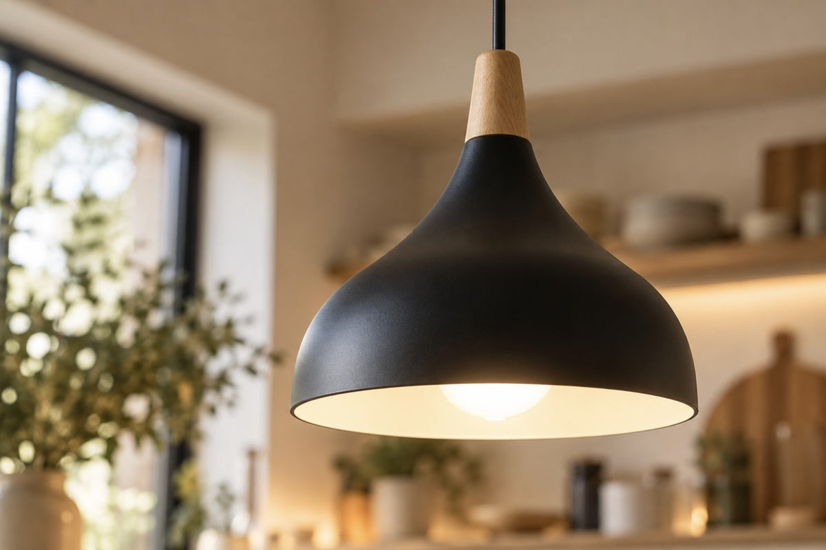 Close-up of the Linnea matte black cone shade and natural wood neck