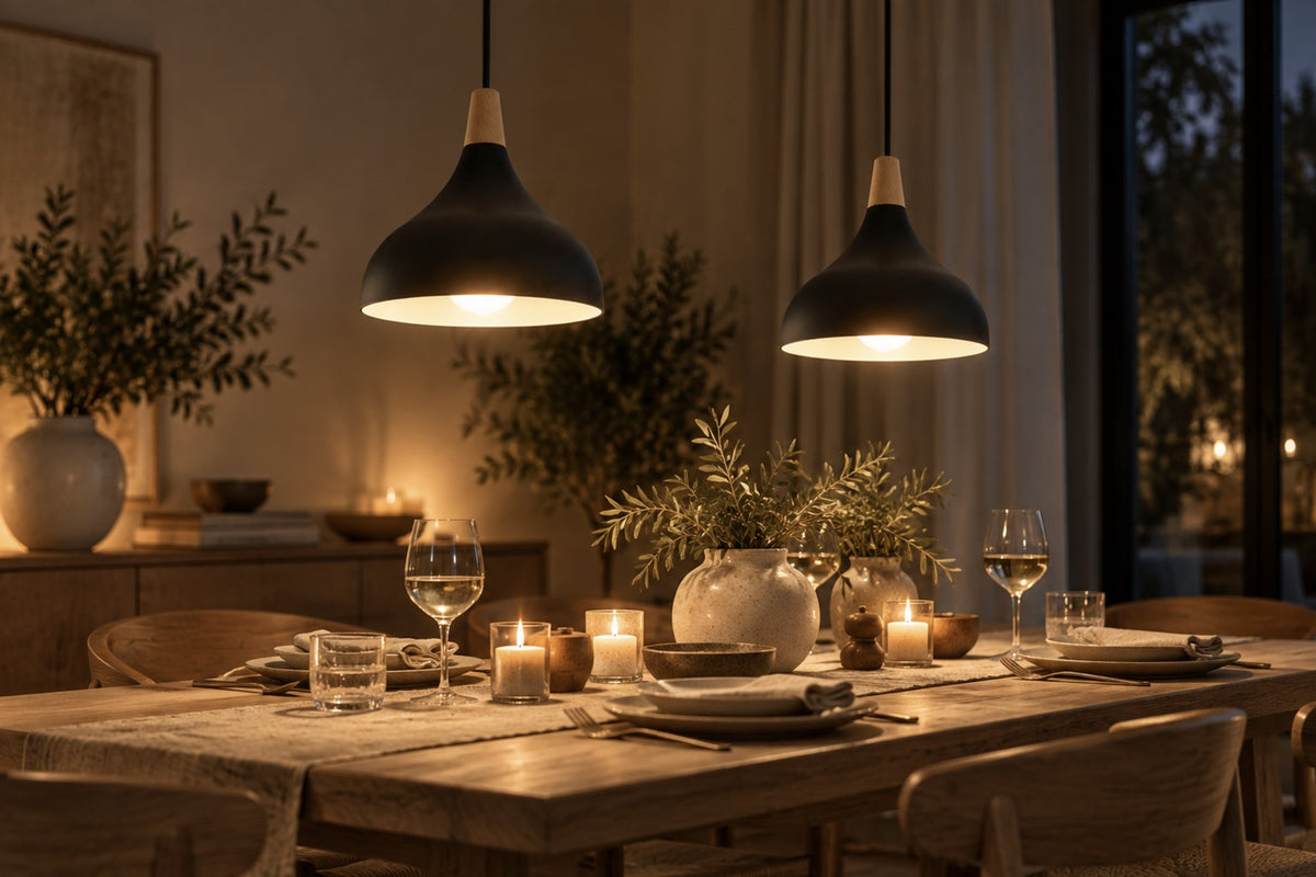 Two black Linnea pendants lighting a dinner table in the evening