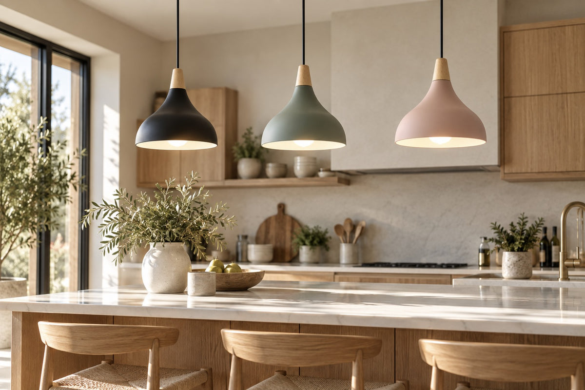 Three Linnea Nordic cone pendants in black, green and pink above a kitchen island