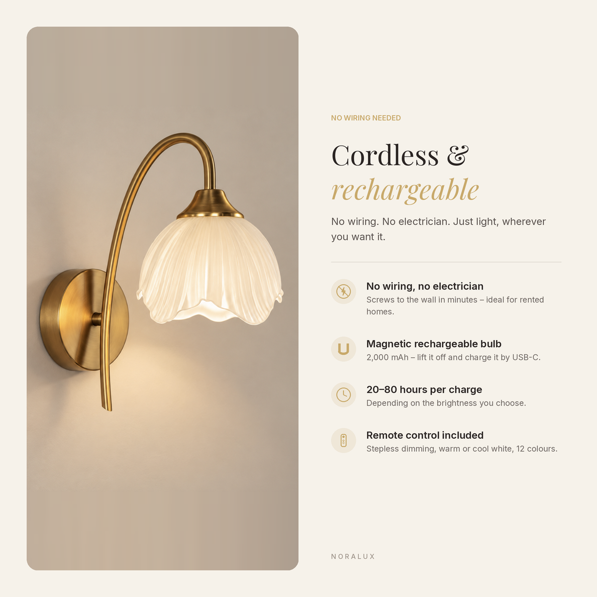 Liora cordless rechargeable wall light features: no wiring, magnetic USB-C bulb, up to 80 hours, remote