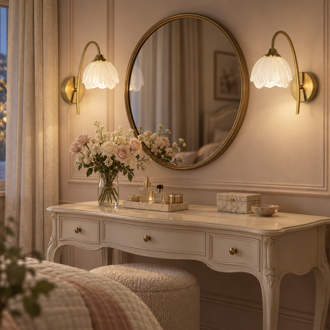 Two Liora rechargeable petal wall lights either side of a round mirror above a dressing table