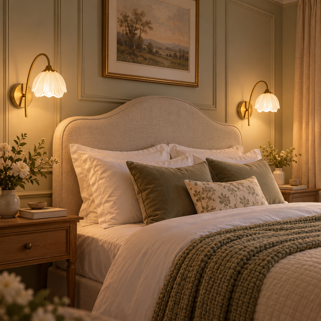 Two Liora flower wall lights either side of a linen headboard in a sage bedroom