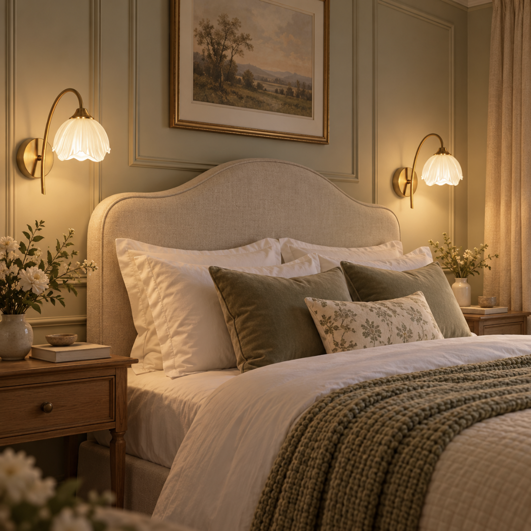 Two Liora flower wall lights either side of a linen headboard in a sage bedroom