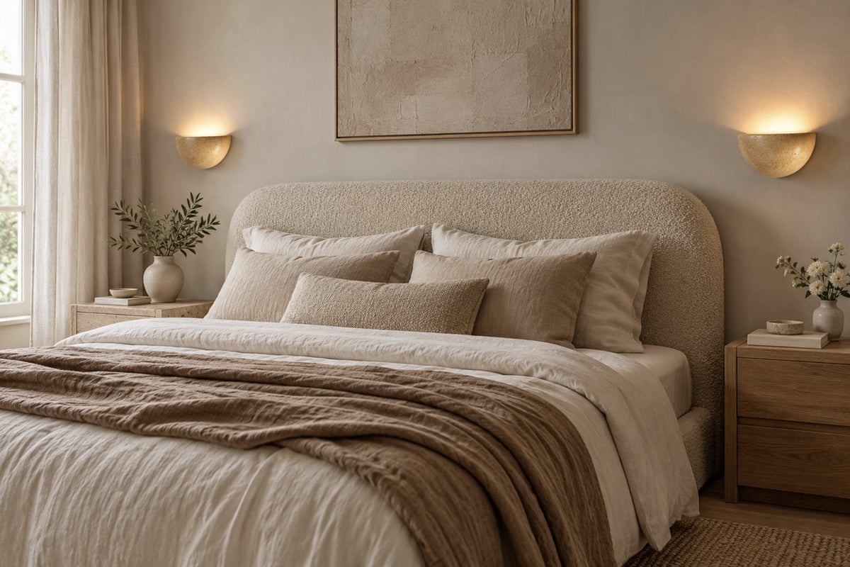 Two Lunara travertine wall lights either side of a bed