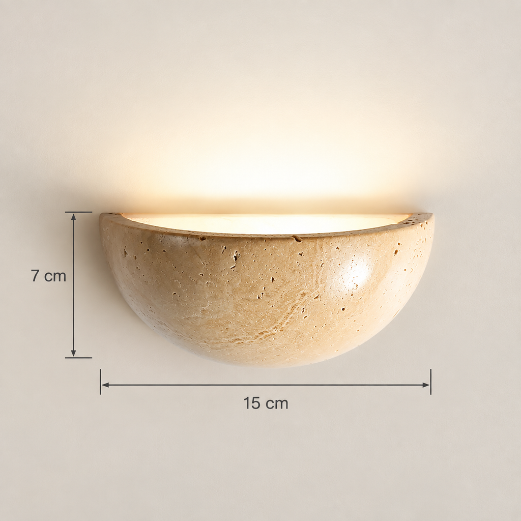 Lunara travertine wall light dimensions: 15 cm wide, 7 cm high