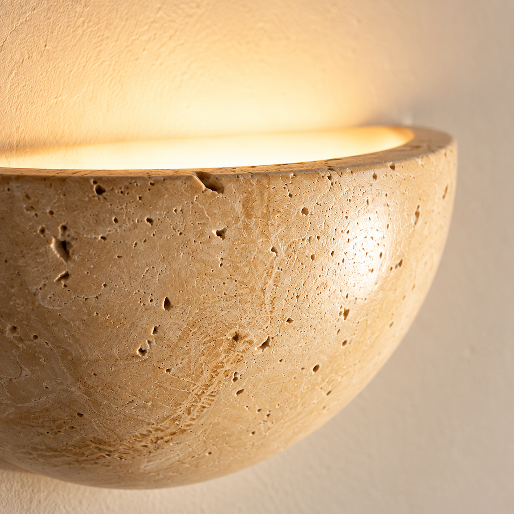 Close-up of the Lunara's natural travertine pores and warm glow