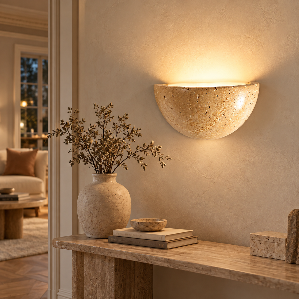 Lunara half-moon travertine wall light glowing above a travertine console in an elegant living room