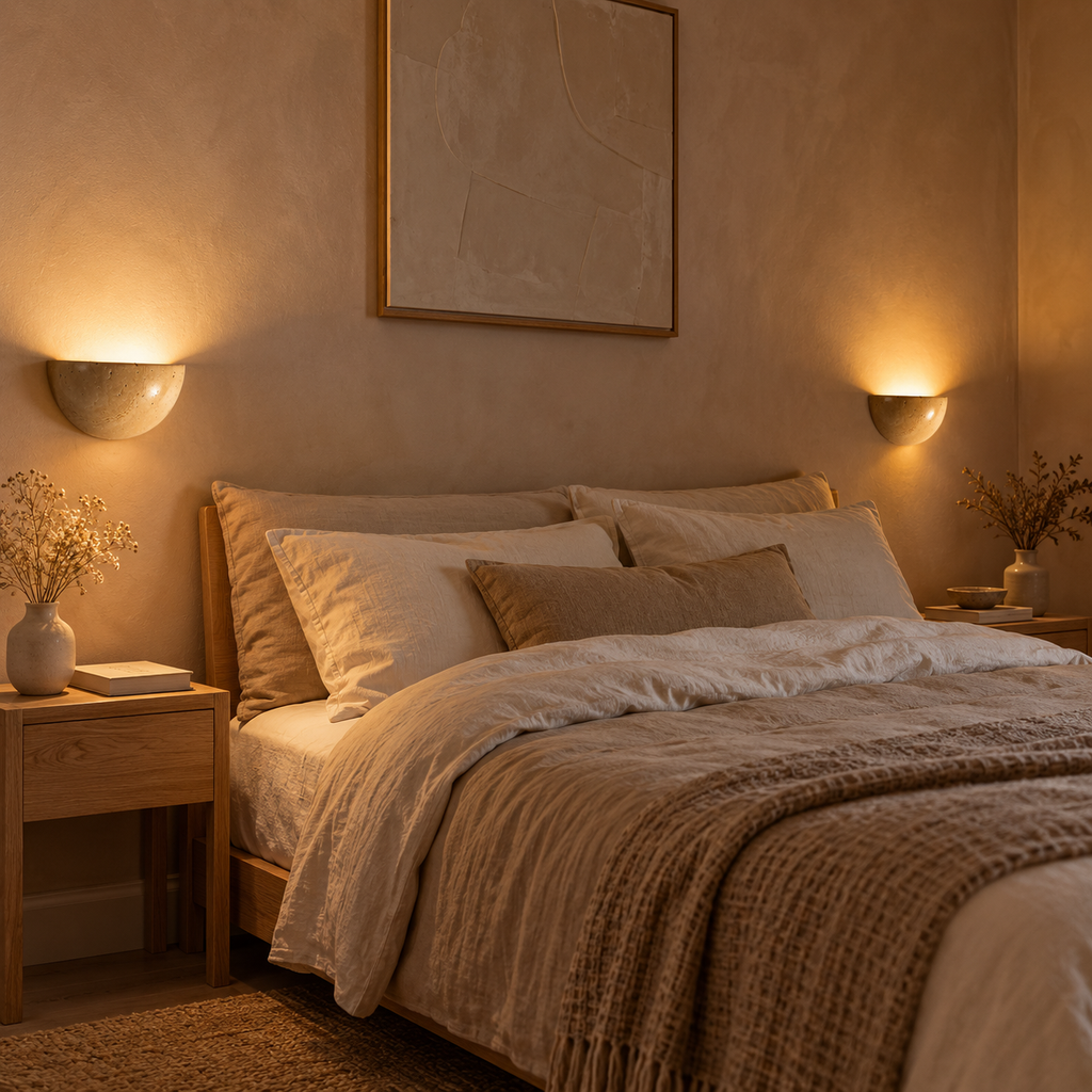 A pair of Lunara travertine half-moon wall lights either side of a bed