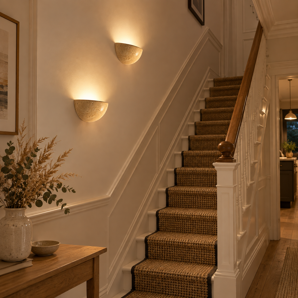 Two Lunara travertine half-moon wall lights glowing along a staircase wall